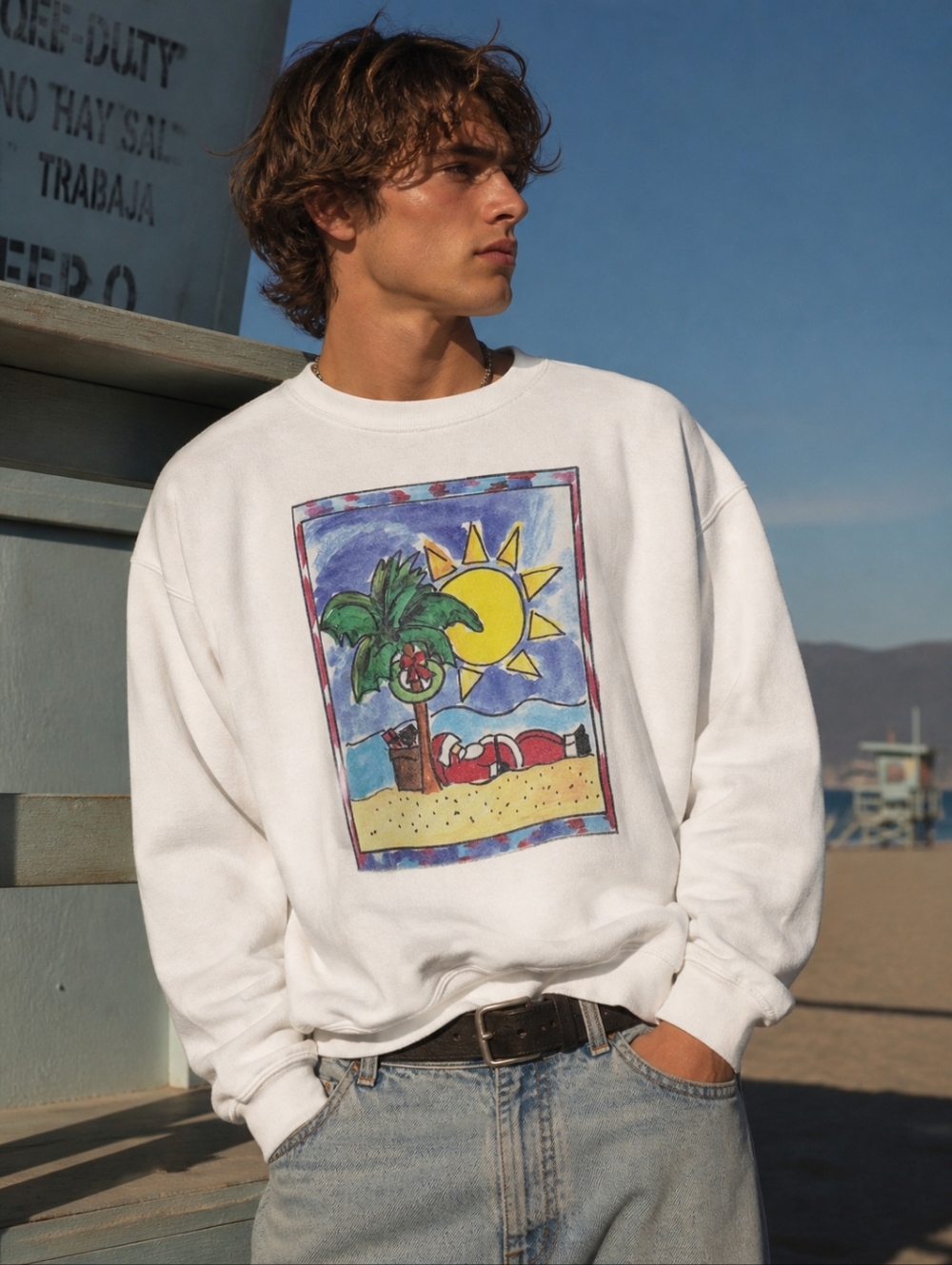 VINTAGE Santa Beach Sweatshirt Mens Large White 90s Funny Holiday Graphic